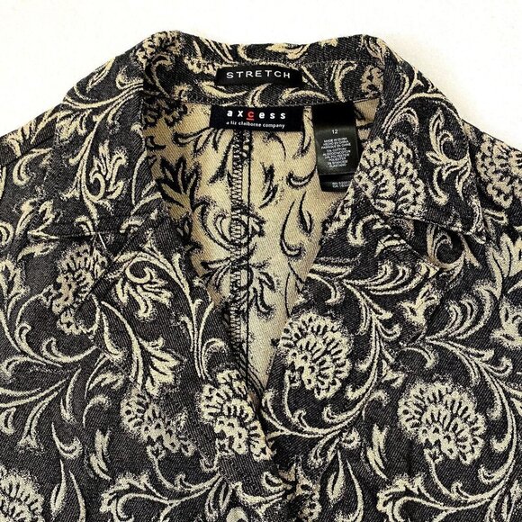 Axcess Liz Claiborne Blazer Jacket Womens 12 Stretch Woven Black Beige Floral - Picture 3 of 11